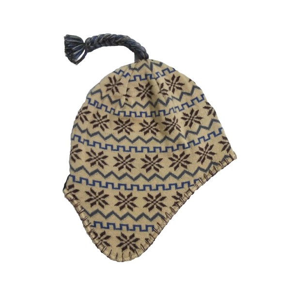 Seirus Wool Blend Beanie Ski Hat Ear Flaps Nordic Fair Isle Snowflakes Brown - Picture 1 of 6